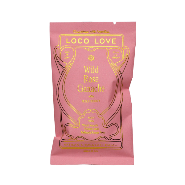 Wrapped (pink) Loco Love Wild Rose Ganache Chocolate. Vegan, gluten-free, sustainably sourced and no refined sugars. Available LOVINLIFE Co Byron Bay.