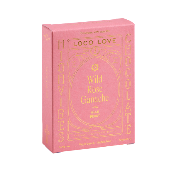 Twin Box of Loco Love 'Wild Rose Ganache' Chocolate. Pink box with gold writing. Vegan • gluten-free • sustainably sourced • no refined sugar. Available at LOVINLIFE Co Byron bay