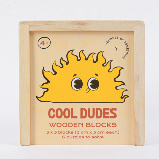 Wooden blocks packaging with a sun design and text on a white background.  From Wooden Block Puzzle - Cool Dudes - Stocked at LOVINLIFE Co Byron Bay for all your gifts, candles, homewares and interior decorating needs