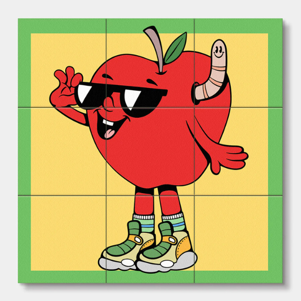 Cartoon apple character with sunglasses and a worm on a yellow background. From Wooden Block Puzzle - Cool Dudes - Stocked at LOVINLIFE Co Byron Bay for all your gifts, candles, homewares and interior decorating needs