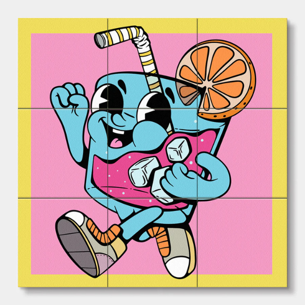 Cartoon character with a drink and ice cubes on a pink background. From Wooden Block Puzzle - Cool Dudes - Stocked at LOVINLIFE Co Byron Bay for all your gifts, candles, homewares and interior decorating needs