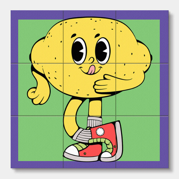 Cartoon lemon character on a tiled background. From Wooden Block Puzzle - Cool Dudes - Stocked at LOVINLIFE Co Byron Bay for all your gifts, candles, homewares and interior decorating needs