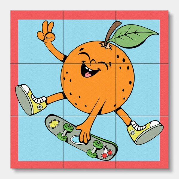 Cartoon orange character on a skateboard with a red border. From Wooden Block Puzzle - Cool Dudes - Stocked at LOVINLIFE Co Byron Bay for all your gifts, candles, homewares and interior decorating needs