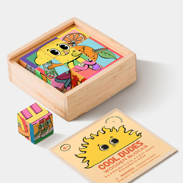Colourful wooden blocks with a box labelled 'Cool dudes' on a white background. From Wooden Block Puzzle - Cool Dudes - Stocked at LOVINLIFE Co Byron Bay for all your gifts, candles, homewares and interior decorating needs
