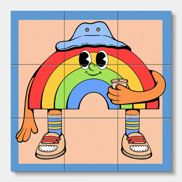 Colourful cartoon rainbow character with a blue hat on a tiled background. From Wooden Block Puzzle - Cool Dudes - Stocked at LOVINLIFE Co Byron Bay for all your gifts, candles, homewares and interior decorating needs