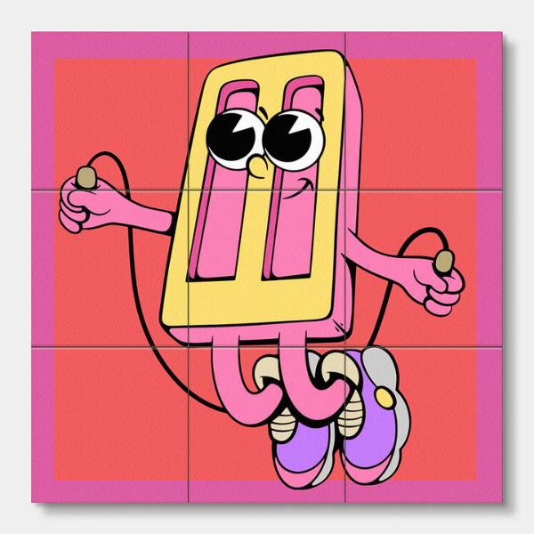 Cartoon character with a pink and yellow body on a red background. From Wooden Block Puzzle - Cool Dudes - Stocked at LOVINLIFE Co Byron Bay for all your gifts, candles, homewares and interior decorating needs
