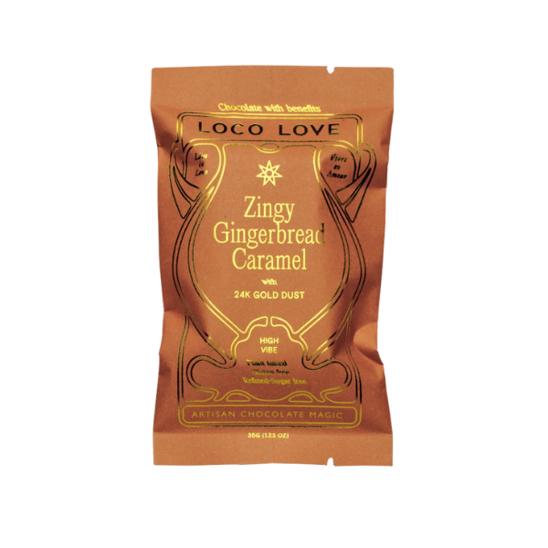 Wrapped (orange) Loco Love Zingy Gingerbread Caramel Chocolates. Vegan, gluten-free, sustainably sourced and no refined sugars. Available LOVINLIFE Co Byron Bay.