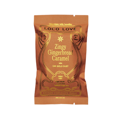 Wrapped (orange) Loco Love Zingy Gingerbread Caramel Chocolates. Vegan, gluten-free, sustainably sourced and no refined sugars. Available LOVINLIFE Co Byron Bay.