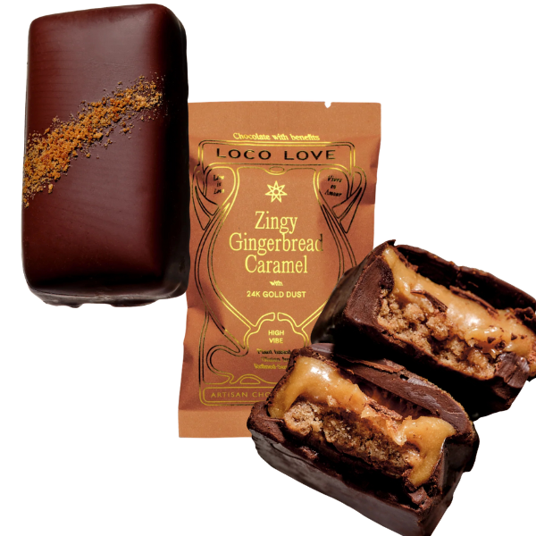Unwrapped and wrapped (orange) Loco Love Zingy Gingerbread Caramel Chocolates. Vegan, gluten-free, sustainably sourced and no refined sugars. Available LOVINLIFE Co Byron Bay.