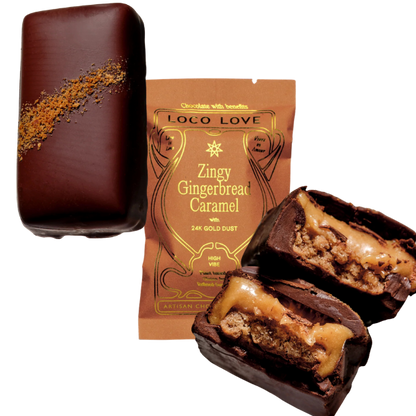 Unwrapped and wrapped (orange) Loco Love Zingy Gingerbread Caramel Chocolates. Vegan, gluten-free, sustainably sourced and no refined sugars. Available LOVINLIFE Co Byron Bay.