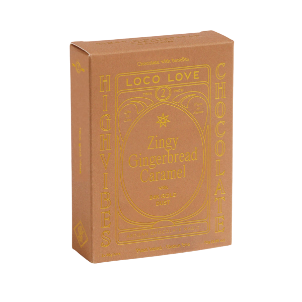 Twin Box of Loco Love 'Zingy Gingerbread Caramel' Chocolate. Orange box and wrapper. Vegan • gluten-free • sustainably sourced • no refined sugar. Available at LOVINLIFE Co Byron bay