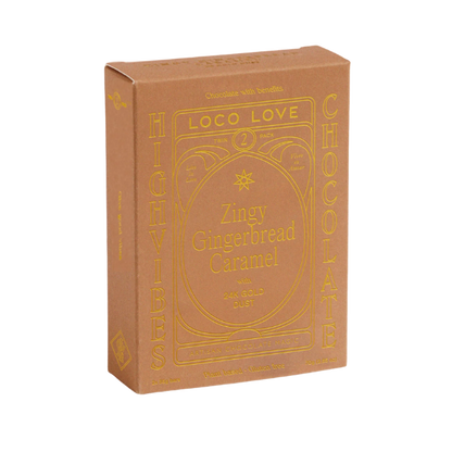Twin Box of Loco Love 'Zingy Gingerbread Caramel' Chocolate. Orange box and wrapper. Vegan • gluten-free • sustainably sourced • no refined sugar. Available at LOVINLIFE Co Byron bay