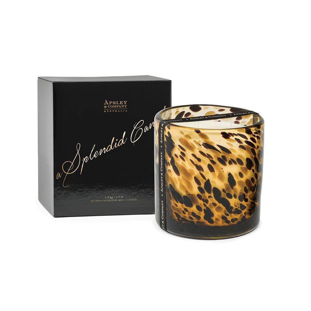 Luxe Vesuvius Candle - citrus, peach and vanilla - hand pored with german cotton wicks in reusable leopard print paterned glass jar - with box - Stocked at LOVINLIFE Co Byron Bay for all your gifts, candles and interior decorating needs