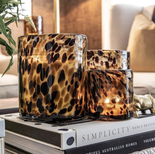 Luxe Vesuvius Candle - citrus, peach and vanilla - hand pored with german cotton wicks in reusable leopard print paterned glass jar - all sizes on books and coffee table - Stocked at LOVINLIFE Co Byron Bay for all your gifts, candles and interior decorating needs