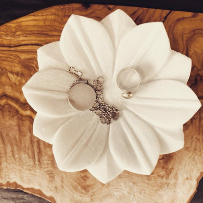 Barefoot Gypsy - White Marble Lotus Plate - trinket holder - holding jewellery on wooden board - Stocked at LOVINLIFE Co Byron Bay for all your gifts, candles and interior decorating needs