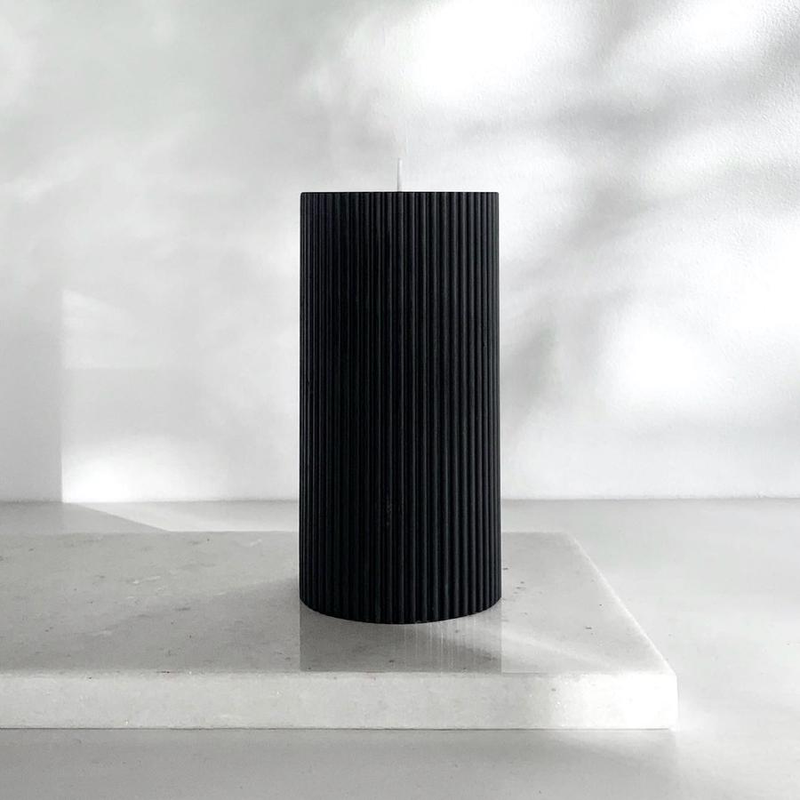 Candle Kiosk - All Natural Ribbed Pillar Candles - Black, unscented on marble slab - Stocked at LOVINLIFE Co Byron Bay for all your gifts, candles and interior decorating needs