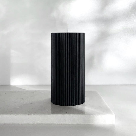 Candle Kiosk - All Natural Ribbed Pillar Candles - Black, unscented on marble slab - Stocked at LOVINLIFE Co Byron Bay for all your gifts, candles and interior decorating needs