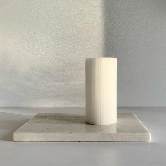 Candle Kiosk - All Natural Ribbed Pillar Candles - warm white, unscented on marble slab - Stocked at LOVINLIFE Co Byron Bay for all your gifts, candles and interior decorating needs
