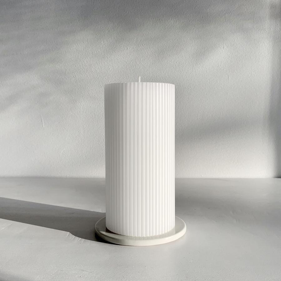 Candle Kiosk - All Natural Ribbed Pillar Candles - crisp white, unscented on ceramic coaster - Stocked at LOVINLIFE Co Byron Bay for all your gifts, candles and interior decorating needs