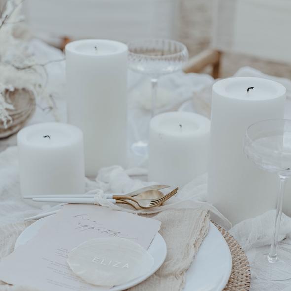 Candle Kiosk - All Natural Textured Pillar Candle - white, unscented on table dressed with white for a beach wedding - Stocked at LOVINLIFE Co Byron Bay for all your gifts, candles and interior decorating needs
