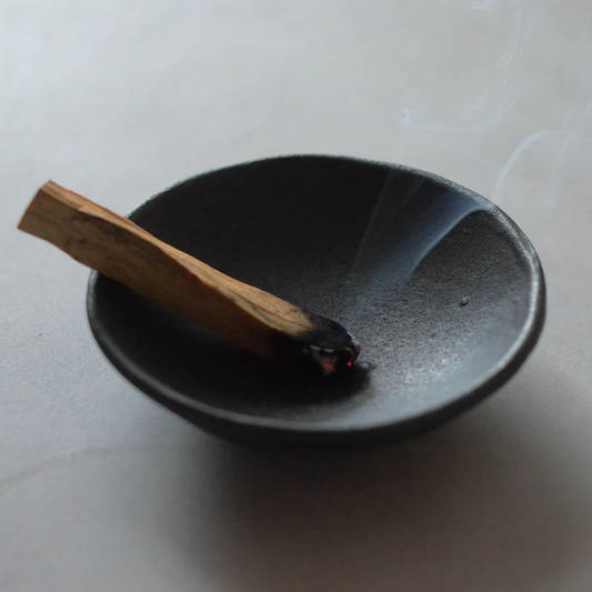 Cedar and Myrrh Handmade Black Ceramic Incense Holder and Smudging Bowl - with alight palo santo smudging stick - Stocked at LOVINLIFE Co Byron Bay for all your gifts, candles and interior decorating needs