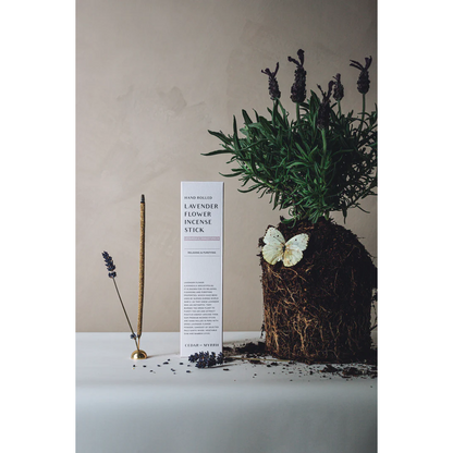 Cedar and Myrrh Lavender Flower Hand Rolled Incense Stick - pictured next to box and unearthed lavender plant - Stocked at LOVINLIFE Co Byron Bay for all your gifts, candles and interior decorating needs