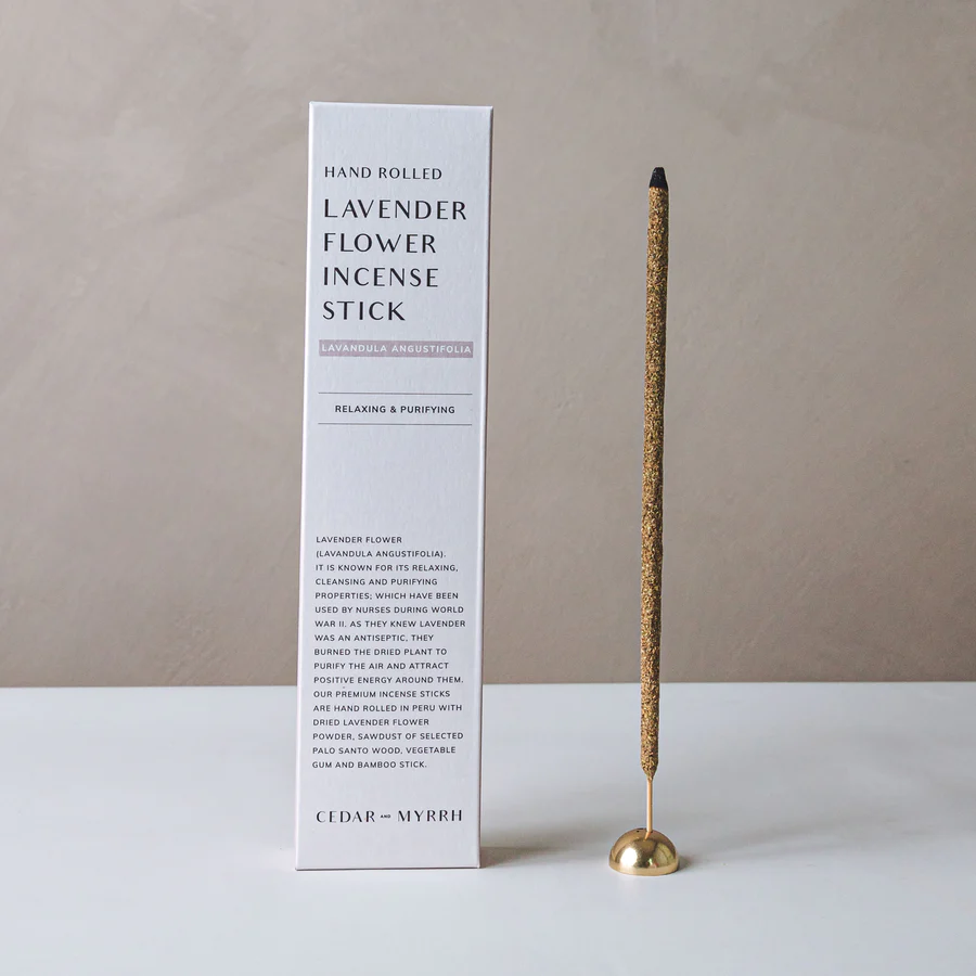 Cedar and Myrrh Lavender Flower Hand Rolled Incense Stick - pictured next to box - Stocked at LOVINLIFE Co Byron Bay for all your gifts, candles and interior decorating needs