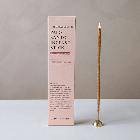 Cedar and Myrrh Palo Santo Hand Rolled Incense Stick - pictured alight next to box - Stocked at LOVINLIFE Co Byron Bay for all your gifts, candles and interior decorating needs