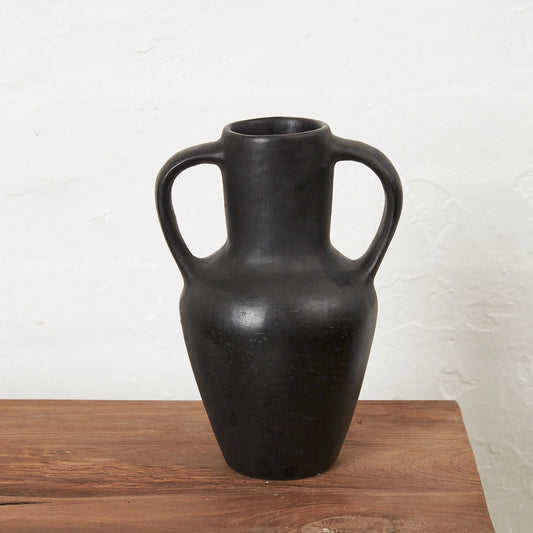 Hand Crafted Black Clay Curved Vase with Handles