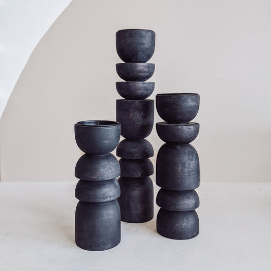 SAARDE Recycled Mango Wood Sculpture Stands - black geometric pillar shapes - Stocked at LOVINLIFE Co Byron Bay for all your gifts, candles and interior decorating needs