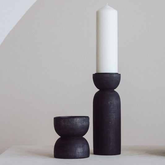 SAARDE Recycled Mango Wood Sculpture Stands - black geometric pillar shape with candle - Tabletop Candle Holders - Stocked at LOVINLIFE Co Byron Bay for all your gifts, candles and interior decorating needs