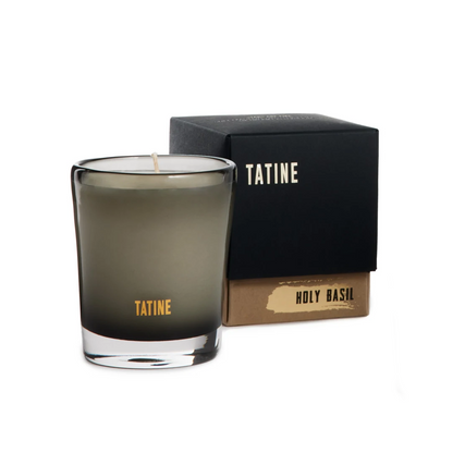 Tatine Holy Basil Candle - Dark green herbal notes blended with wild meadow grasses, cannabis, and sacred basil - Natural Wax Candle in Smoke Grey Mouth Blown Glassware, pictured with box - Stocked at LOVINLIFE Co Byron Bay for all your gifts, candles and interior decorating needs