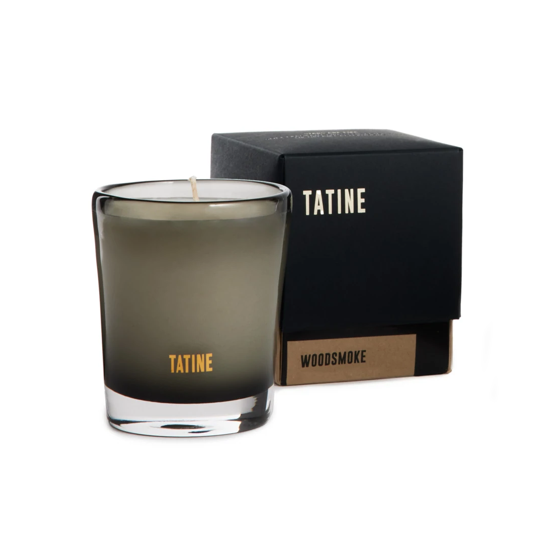 Tatine Woodsmoke Candle - A sweet, woody perfume of cedarwood, fir balsam, clove and fragrant forest resins - Natural Wax Candle in Smoke Grey Mouth Blown Glassware, pictured with box - Stocked at LOVINLIFE Co Byron Bay for all your gifts, candles and interior decorating needs