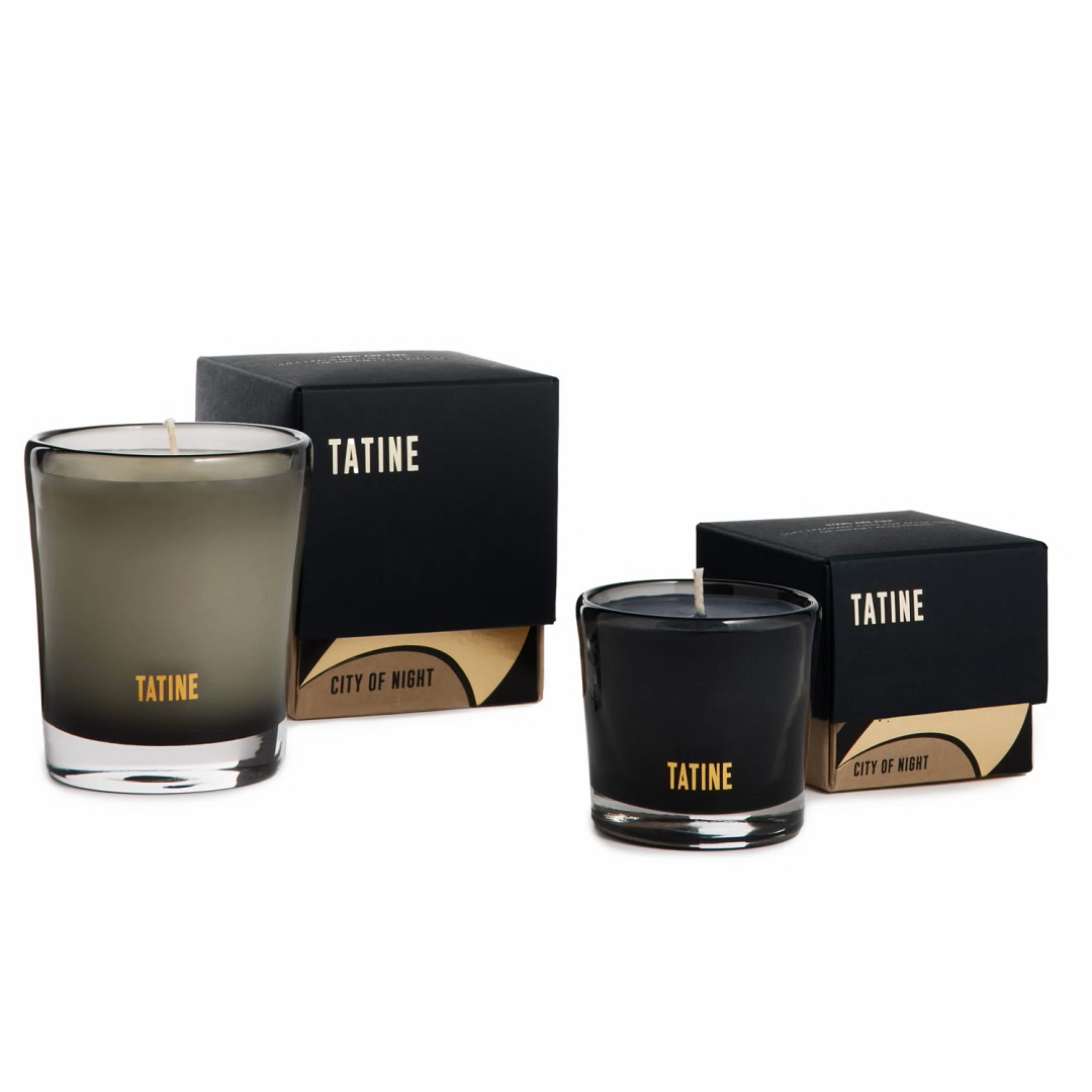 Tatine City of Night Candle - seductive dark hinoki oil, charred vetiver, cypress and fir needle - Natural Wax Candles in Smoke Grey Mouth Blown Glassware, pictured with boxes - Stocked at LOVINLIFE Co Byron Bay for all your gifts, candles and interior decorating needs