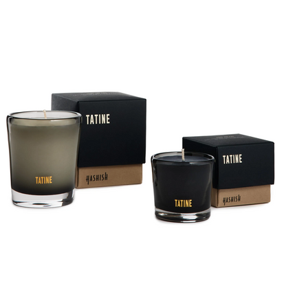Tatine Hashish Candle - A scented tribute inspired by The Beatles' late-night recording sessions - Natural Wax Candles in Smoke Grey Mouth Blown Glassware, pictured with boxes - Stocked at LOVINLIFE Co Byron Bay for all your gifts, candles and interior decorating needs