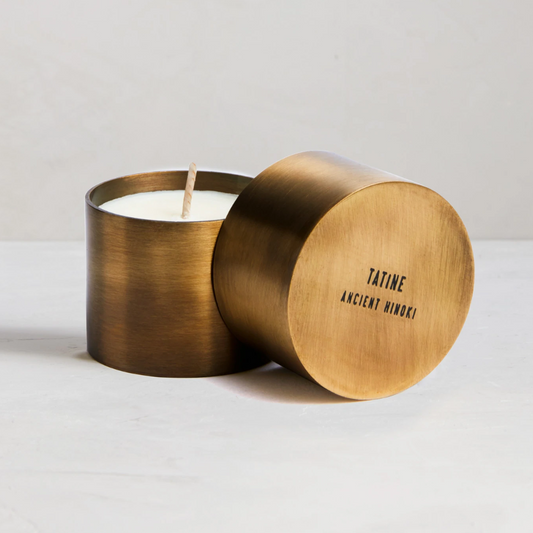 Tatine Ancient Hinoki Candle - Earthly aromas of fir needle and sacred cypress trail - made with sustainably sourced ssentials, absolutes, and plant based extracts in handmade brass cup - Stocked at LOVINLIFE Co Byron Bay for all your gifts, candles and interior decorating needs