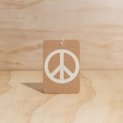 Peace Sign design Air Freshener tags - Made from 100% post-consumer materials - Ubud scent Elevate your spiritual side with the woodiness of Agarwood, and dreaminess of Musk and Patchouli, then be taken to the tranquil terraces of the Ubud hinterland - Stocked at LOVINLIFE Co Byron Bay for all your gifts, candles and interior decorating needs