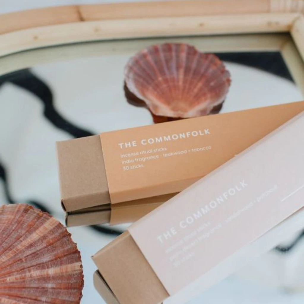 The Commonfolk Incense Ritual Sticks - India - Take a walk through the woods and alight the fiery ambers of teakwood together with the warmth of earthly tobacco - incense boxes on mirror tray with shells  - Stocked at LOVINLIFE Co Byron Bay for all your gifts, candles and interior decorating needs