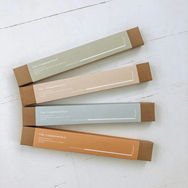 The Commonfolk Incense Ritual Sticks full range - flat lay of fanned out boxes - Stocked at LOVINLIFE Co Byron Bay for all your gifts, candles and interior decorating needs