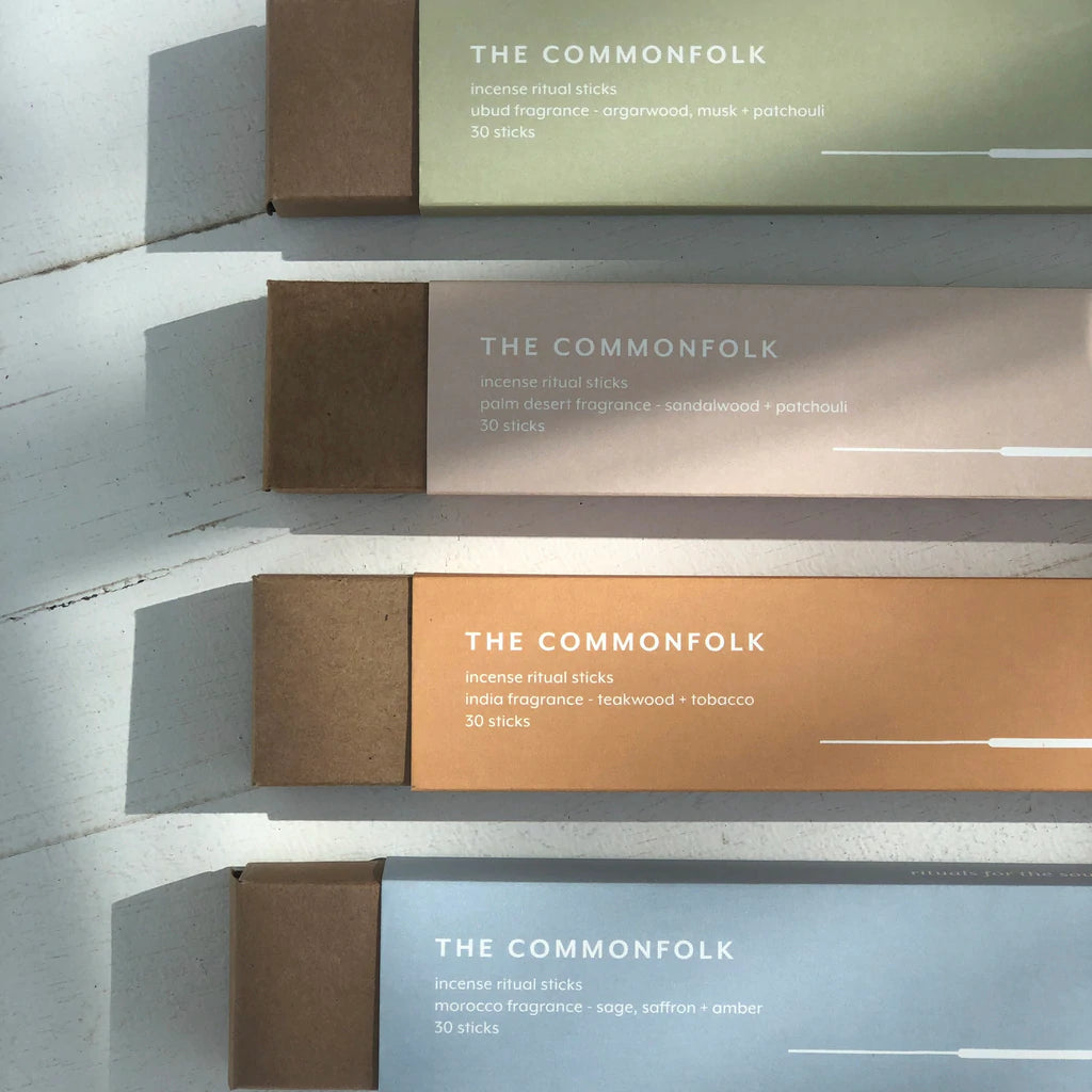 The Commonfolk Incense Ritual Sticks full range - flat lay out boxes - Stocked at LOVINLIFE Co Byron Bay for all your gifts, candles and interior decorating needs