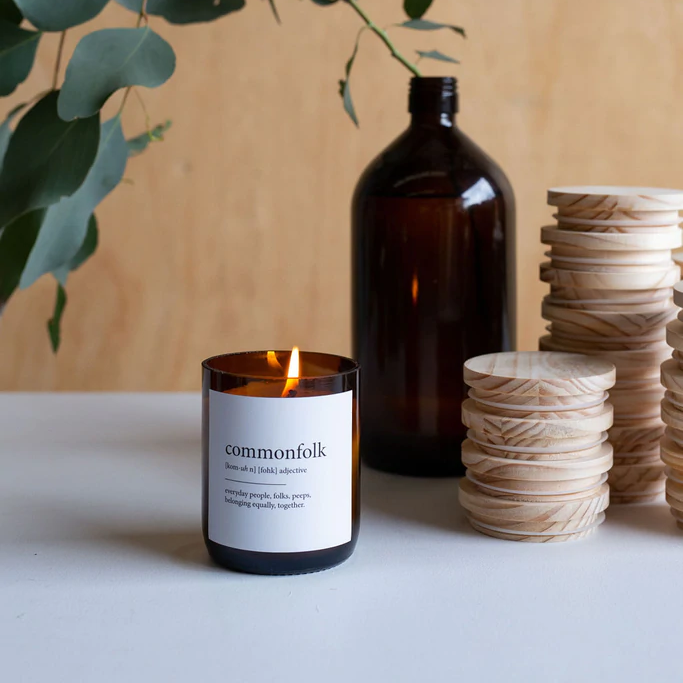 Candle - Commonfolk Dictionary - Bestie pictured with wood lids and amber glass bottle - Stocked at LOVINLIFE Co Byron Bay for all your gifts, candles and interior decorating needs