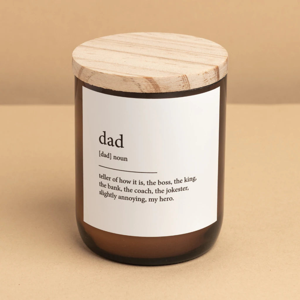 Commonfolk Dictionary Candle - Dad - amber glass jar with wood lid - Stocked at LOVINLIFE Co Byron Bay for all your gifts, candles and interior decorating needs