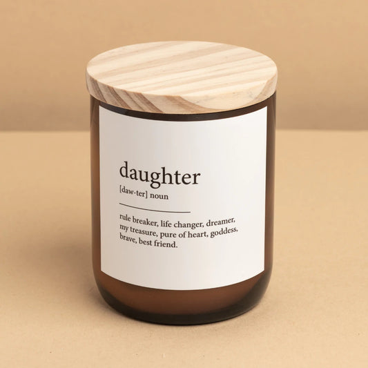 Commonfolk Dictionary Candle - Daughter - amber glass jar with wood lid - Stocked at LOVINLIFE Co Byron Bay for all your gifts, candles and interior decorating needs