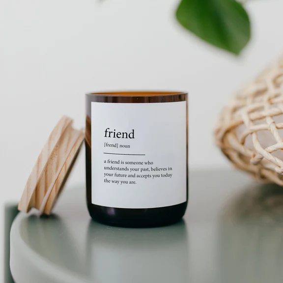 Commonfolk Dictionary Candle - Friend - amber glass jar on table with wood lid on side - Stocked at LOVINLIFE Co Byron Bay for all your gifts, candles and interior decorating needs