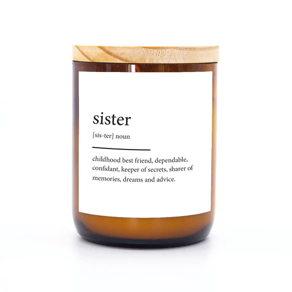 Commonfolk Dictionary Candle - Sister - amber glass jar with wood - Stocked at LOVINLIFE Co Byron Bay for all your gifts, candles and interior decorating needs
