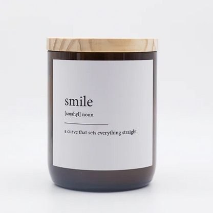 Commonfolk Dictionary Candle - Smile - amber glass jar with wood lid - Stocked at LOVINLIFE Co Byron Bay for all your gifts, candles and interior decorating needs