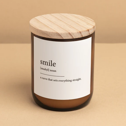 Commonfolk Dictionary Candle - Smile - amber glass jar with wood lid - Stocked at LOVINLIFE Co Byron Bay for all your gifts, candles and interior decorating needs