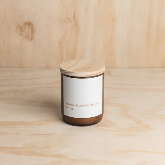 Commonfolk Candle - Heartfelt Good for the soul - amber glass jar with wood lid on wood backdrop - Stocked at LOVINLIFE Co Byron Bay for all your gifts, candles and interior decorating needs