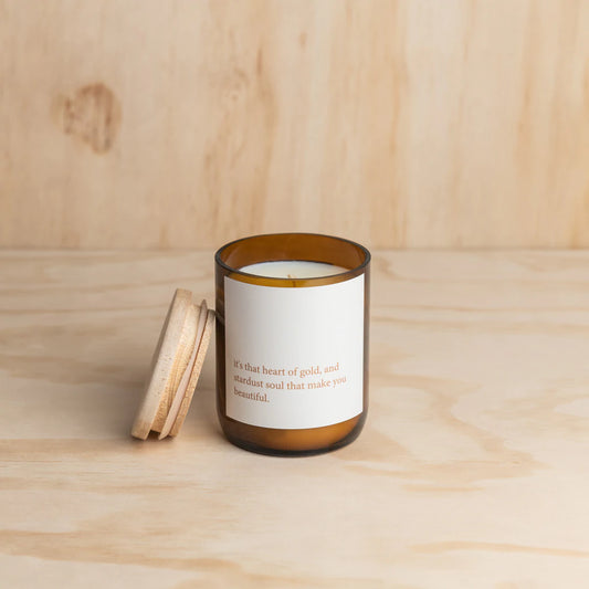 Commonfolk Candle - Heartfelt Heart of Gold - amber glass jar with wood lid on wood backdrop - Stocked at LOVINLIFE Co Byron Bay for all your gifts, candles and interior decorating needs