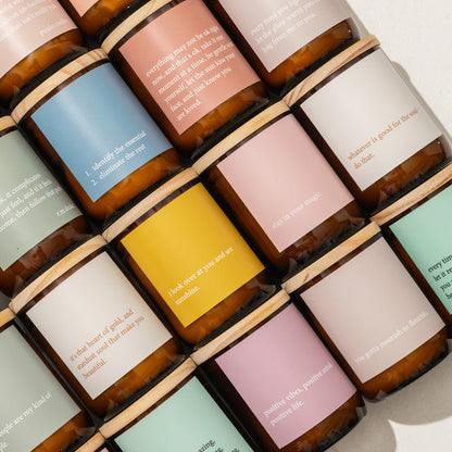 Commonfolk Candle - Heartfelt collection - amber glass jars with wood lid and colourful label - flat lay - Stocked at LOVINLIFE Co Byron Bay for all your gifts, candles and interior decorating needs